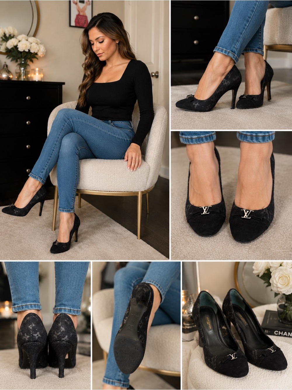 Louis Vuitton Black Monogram Pumps Heels LV Logo Bow Size 35